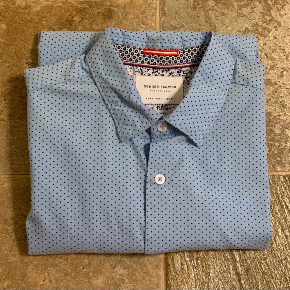 Denim & Flower Blue Dots Button Down Slim Fit Sz L